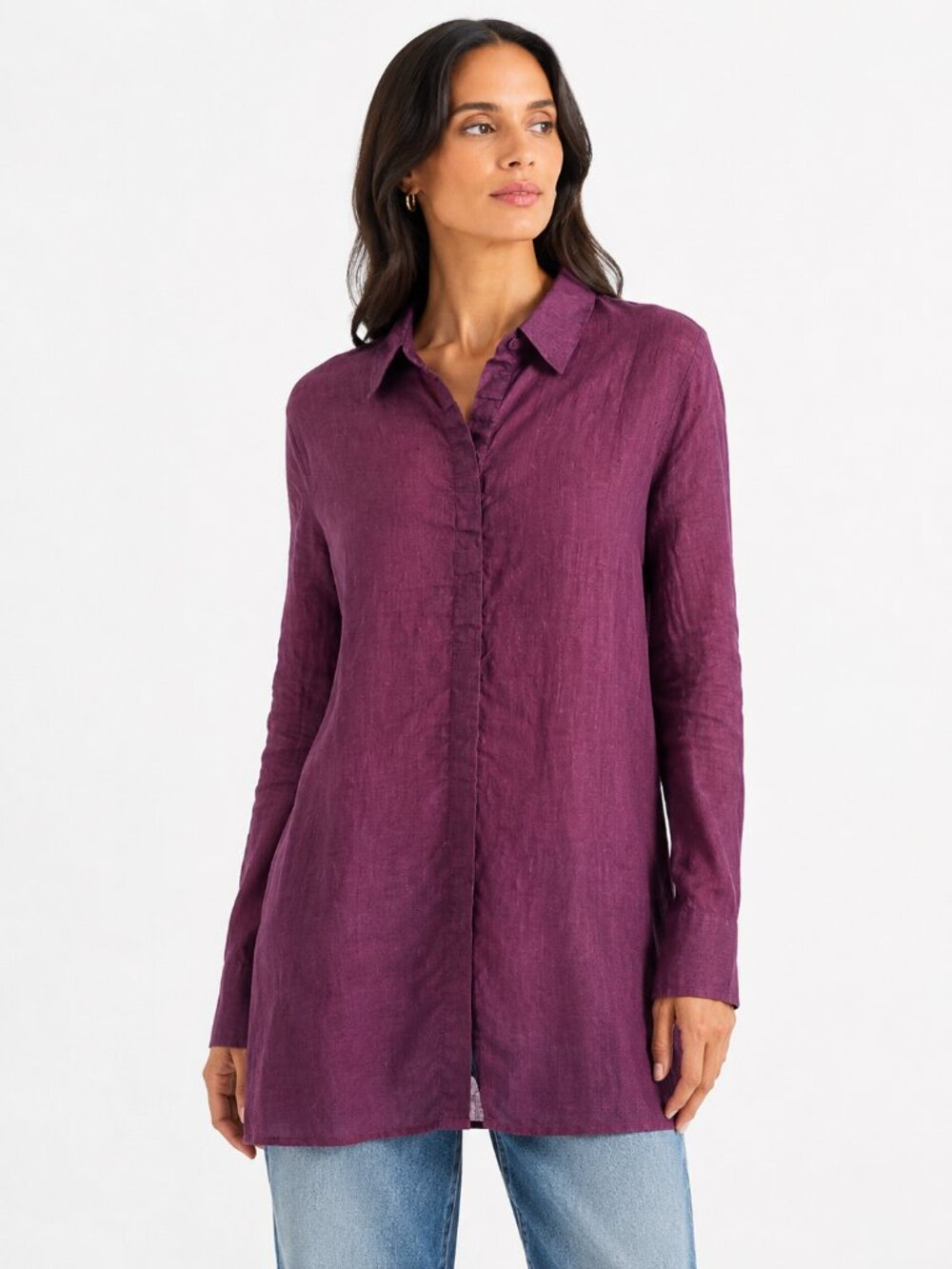 SOUTH STREET LINEN PLUM PURPLE LINEN OVERSIZED TUNIC BUTTON DOWN SHIRT - 0